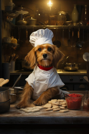 Dog wearing chef's outfit sitting on counter. Generative AI.の素材