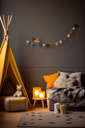 Teepee tent with light inside of it next to bed. Generative AI.の素材