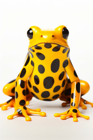 Yellow and black frog sitting on top of white surface. Generative AI.の素材