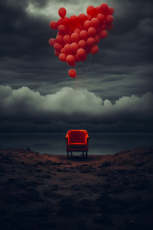 Red chair sitting in the middle of the field with a bunch of balloons floating above it. Generative AI.の素材