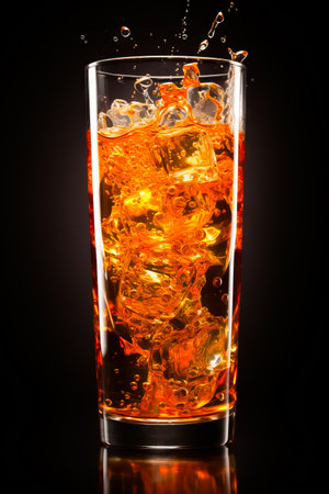 Glass of orange soda with ice cubes in it on black background. Generative AI.の素材