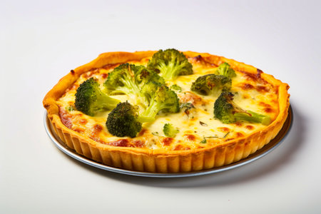 Quiche with broccoli on top of it on plate. Generative AI.の素材