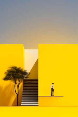 Man standing in front of yellow building with stairs and tree. Generative AI.の素材