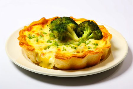 Broccoli and cheese pie on plate on table. Generative AI.の素材