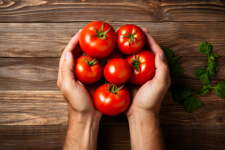 Person holding bunch of tomatoes in their hands on wooden table. Generative AI.の素材