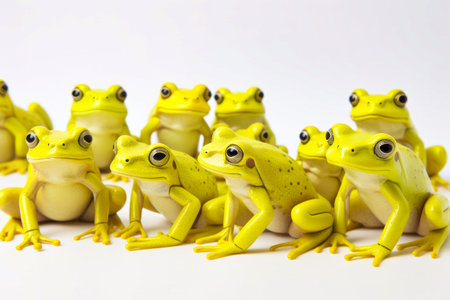 Group of yellow frogs sitting next to each other on white surface. Generative AI.の素材