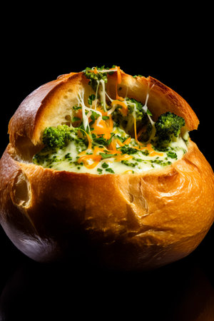 Baked bread bowl with broccoli and cheese in it. Generative AI.の素材