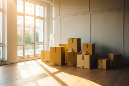 Room with boxes on the floor and lamp on the floor. Generative AI.の素材