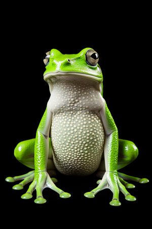Green frog with black background and black background with white spot. Generative AI.の素材