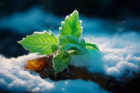 Small green leaf sprouted out of the snow covered ground. Generative AI.の素材
