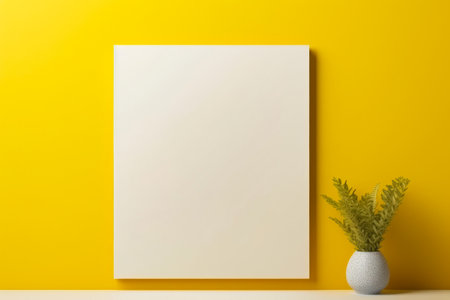 White vase with plant in it next to white square. Generative AI.の素材