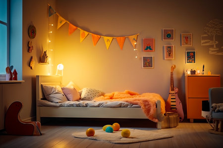 Bedroom with bed, guitar, and rug. Generative AI.の素材