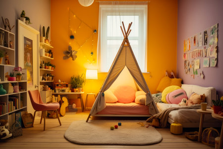 Child's bedroom with teepee tent and toys. Generative AI.の素材