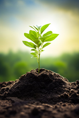 Small plant sprouts from the ground in the sunlight. Generative AI.の素材