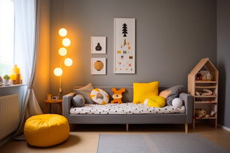 Living room with couch, chair, and lamp. Generative AI.の素材