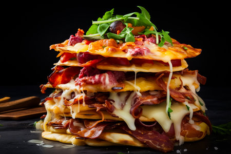 Stack of food with cheese, bacon, and greens on top. Generative AI.の素材