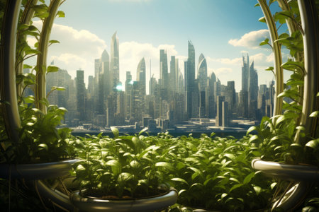 City skyline is seen through window with plant in the foreground. Generative AI.の素材