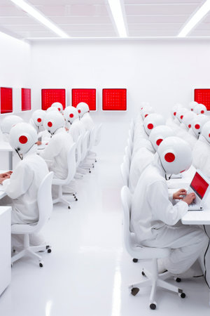 Group of people in white suits sitting at desks with red and white headphones. Generative AI.の素材