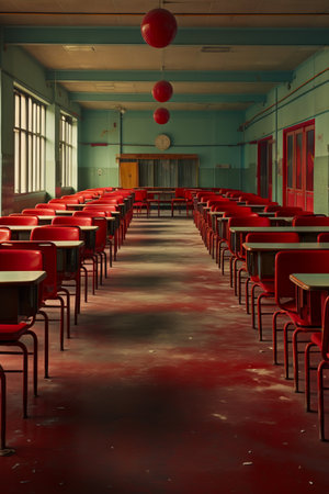 Room with a bunch of red chairs and tables in it. Generative AI.の素材