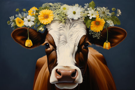 Image of cow with flowers in its head and blue background. Generative AI.の素材