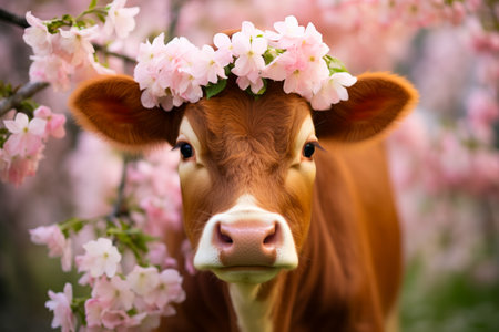 Cow with flower crown on its head standing in field. Generative AI.の素材