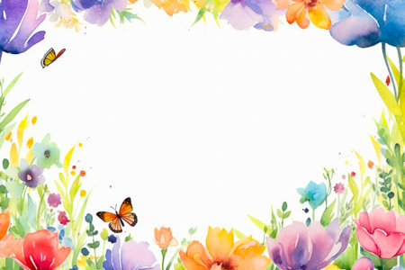 Watercolor painting of flowers and butterfly on white background. Generative AI.の素材