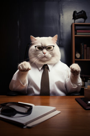 Cat wearing glasses and tie sitting at desk. Generative AI.の素材