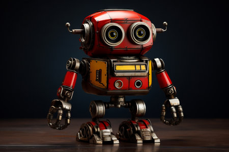 Red robot with two eyes and yellow button on its chest. Generative AI.の素材