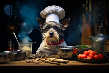 Dog wearing chef's hat and chef's outfit. Generative AI.の素材