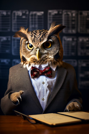 Owl dressed in suit and bow tie with knife. Generative AI.の素材