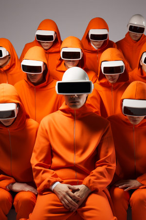 Group of people wearing orange outfits and white headphones. Generative AI.の素材