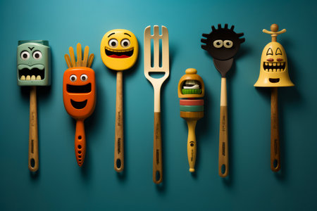 Group of different types of toys on table with blue background. Generative AI.の素材