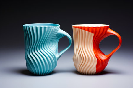 Two colorful cups sitting side by side on table top. Generative AI.の素材