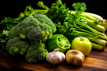 Bunch of vegetables are on table together, including broccoli, peppers, and onions. Generative AI.の素材