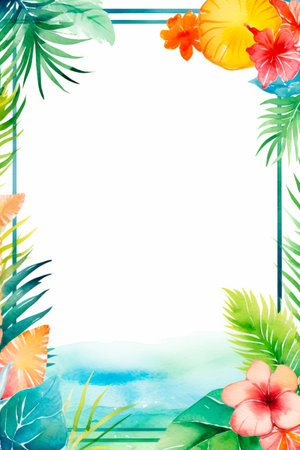 Watercolor painting of tropical plants and flowers with white background. Generative AI.の素材