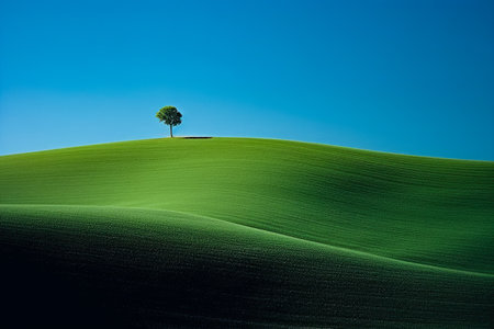 Lone tree on green hill under blue sky. Generative AI.の素材