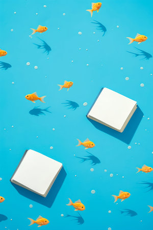 Group of gold fish swimming around white box on blue surface. Generative AI.の素材
