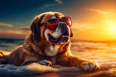 Dog wearing sunglasses on the beach at sunset with the sun in the background. Generative AI.の素材
