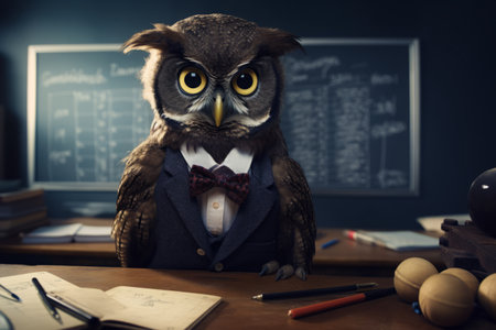 Owl in suit and bow tie sitting at desk. Generative AI.の素材