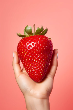 Person holding strawberry in their hand on pink background. Generative AI.の素材