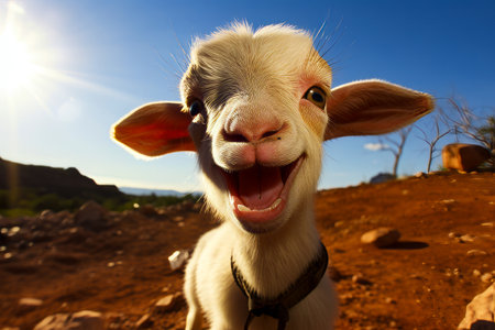 Goat with its mouth open and it's tongue out. Generative AI.の素材