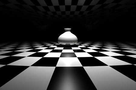 Black and white checkered floor with vase on it. Generative AI.の素材
