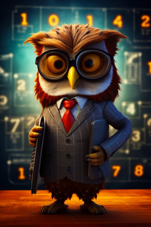Cartoon owl wearing suit and tie with cane. Generative AI.の素材