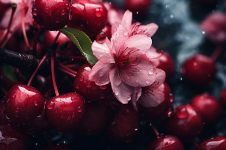 Bunch of cherry blossoms with water droplets on them and pink flower. Generative AI.の素材