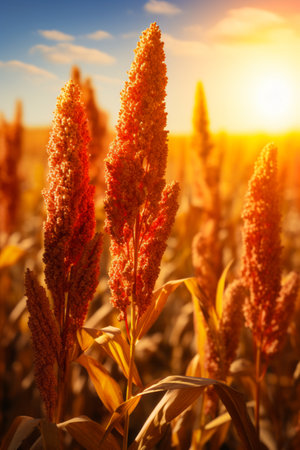Field of flowers with the sun shining in the background. Generative AI.の素材