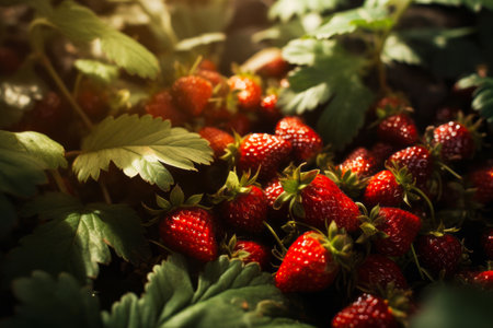 Close up of bunch of strawberries on the ground. Generative AI.の素材