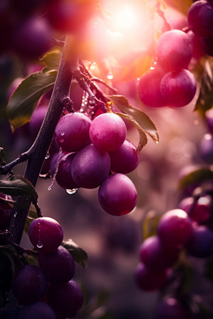 Bunch of plums hanging from tree with the sun shining through the leaves. Generative AI.の素材