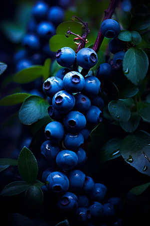 Bunch of blue berries hanging from tree branch with leaves. Generative AI.の素材