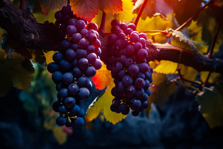 Bunch of grapes hanging from vine in vineyard. Generative AI.の素材