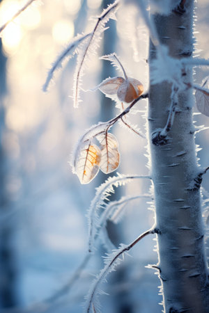 Tree with frost on it and leaf hanging from it. Generative AI.の素材